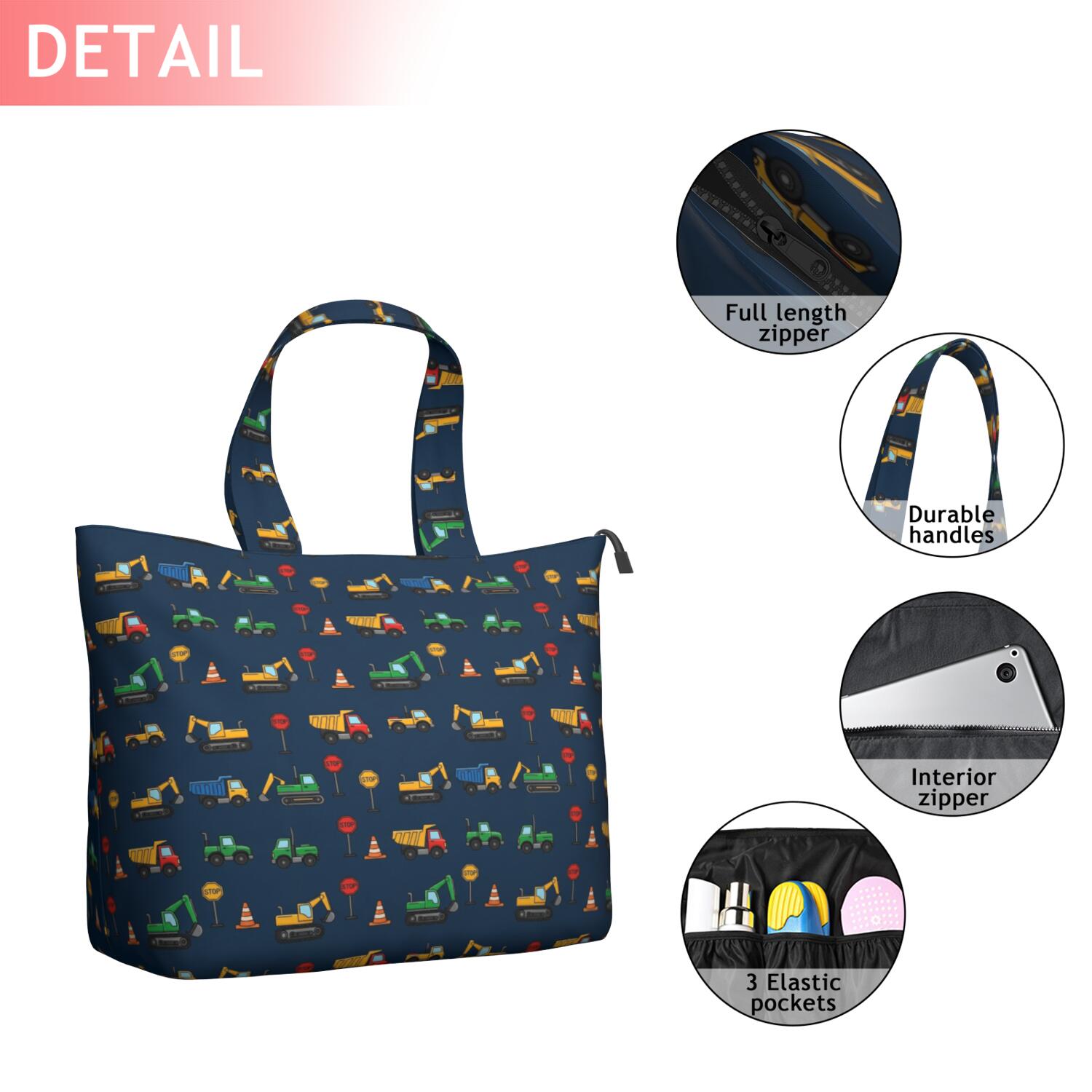 Cartoon Construction Vehicles Traffic Signs Travel Tote Bags for Women Carry On,Large Weekender Bags for Women Travel,Multi Functional Duffle Bag for Work,Shopping,Sports