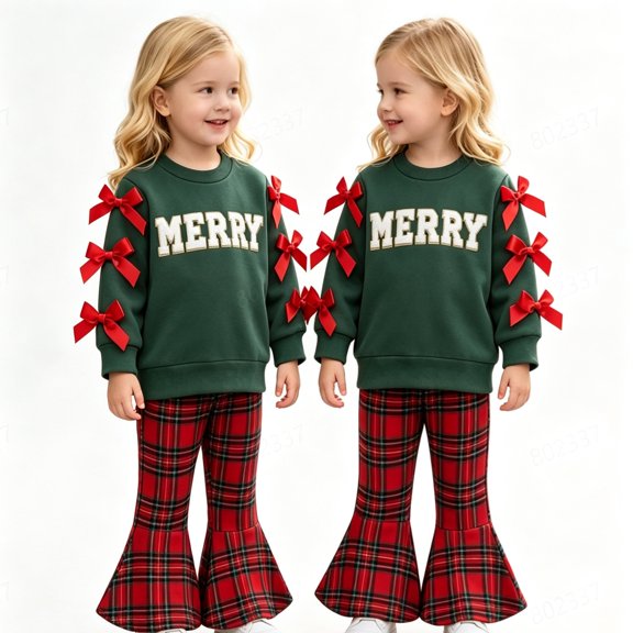 KEXE Little Girls Letter Sweatshirt With Bows Flare‑Leg Pants