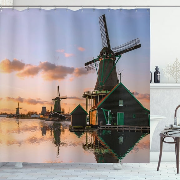 Ambesonne Windmill Shower Curtain, Scenic Canal Village, 69"Wx70"L, Multicolor