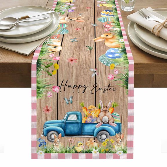 Pink Plaid Easter Table Runner - 72 Inch Long, Kitchen Dining Table Runner Dresser Scarves, Blue Truck Spring Floral Bunny Wooden Farmhouse Decor for Coffee Tables Wedding Party Banquet