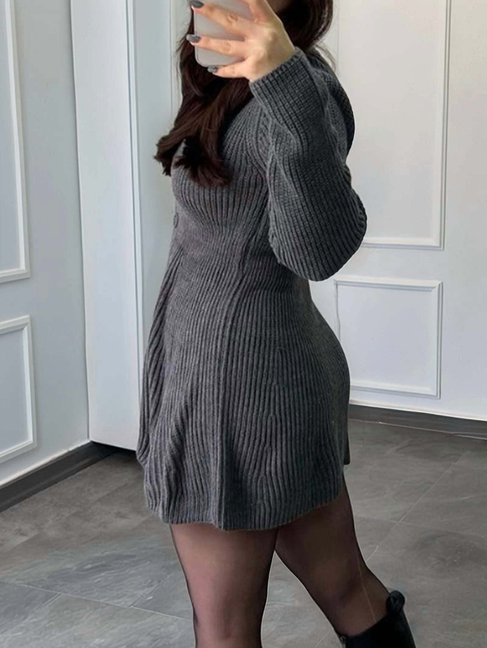 grey long sleeve sweater dress Women'S Button V-Neck Knit A-Line Mini Dress White XL grey sweater dress outfit ideas