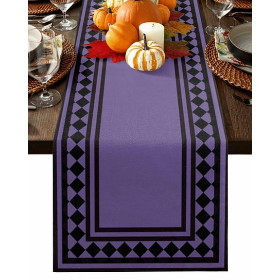 Table Runner 72 Inches Long, Halloween Skull Purple Plaid Cotton Linen Table Runners Non-Slip Durable Dresser Scarves for Table Party Dinner Holiday Home Decor, 1 Pack