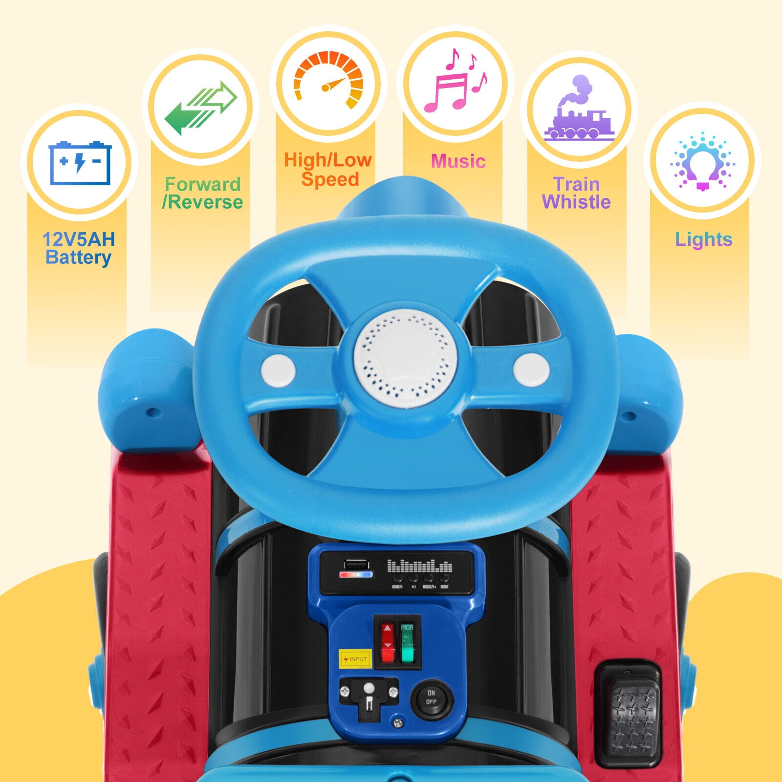 Blue 2-Seater 12V Electric Kids Ride On Train Toy Car Boys Girls Gift w/2 Speed,Music,Lights,Honk,Storage,USB,Support to 110LBS