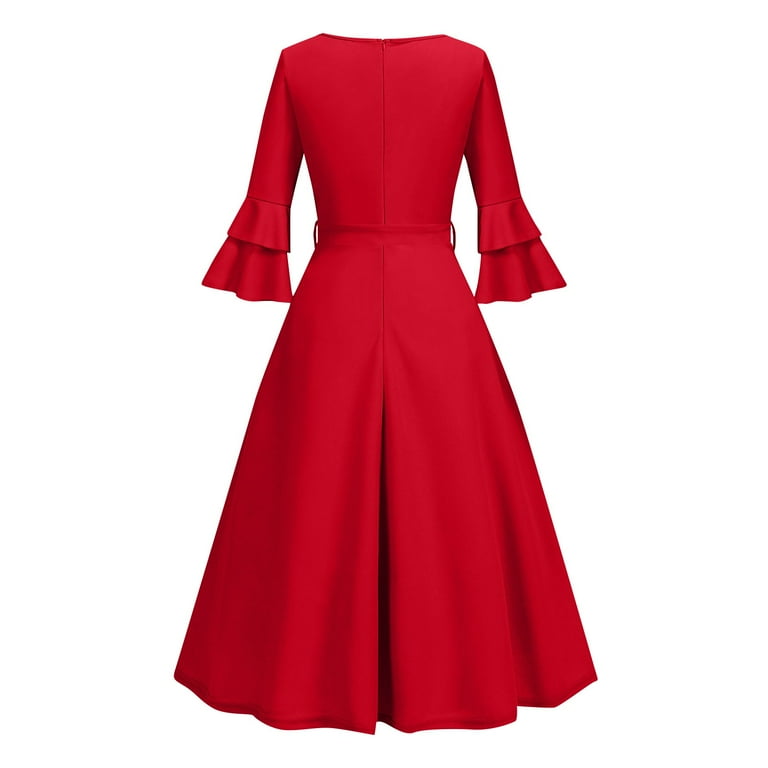 long sleeve gown dress Bright Red Long Sleeves V-neck High Slit Formal Dresses , CP0034 – clover  sew main image 0