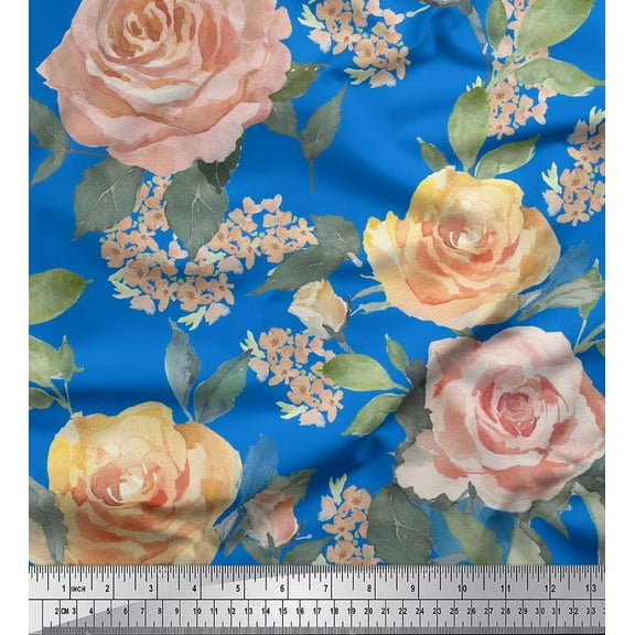 Soimoi Cotton Duck Fabric Leaves & Rose Flower Print Fabric by the Yard 42 Inch Wide