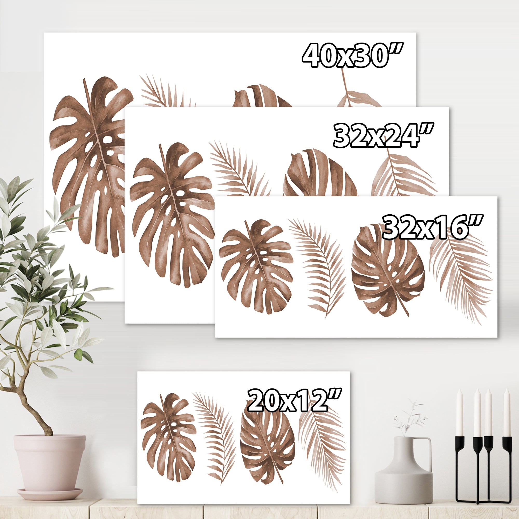 Tropical Palm and Monstera Leaf In Terracotta 32 in x 16 in Painting Canvas Art Print, by Designart