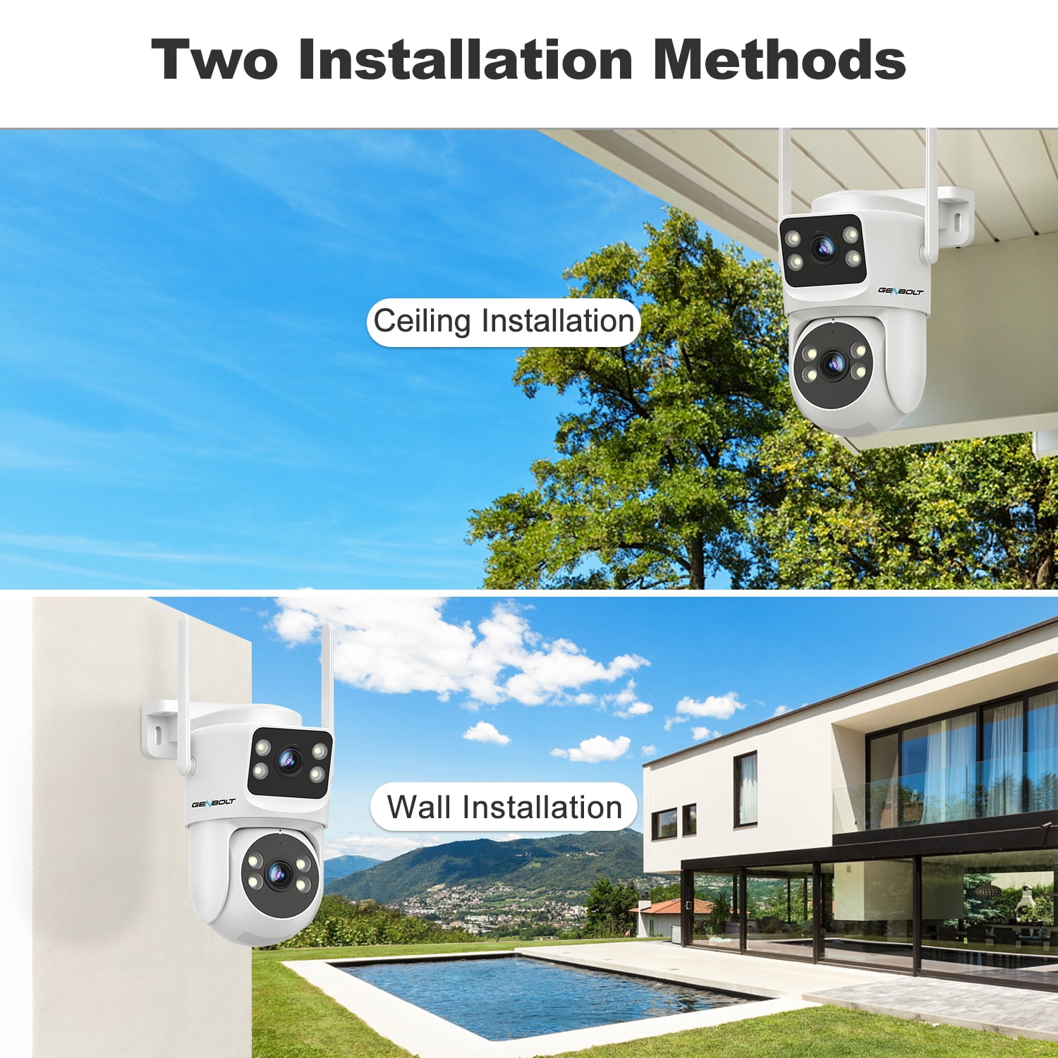 GENBOLT PTZ WiFi Security Camera Outdoor with Dual Lens, CCTV Surveillance with Dual View, Cloud Storage Upgraded with Color Night, Auto Tracking Humanoid Detection [DC&PoE]