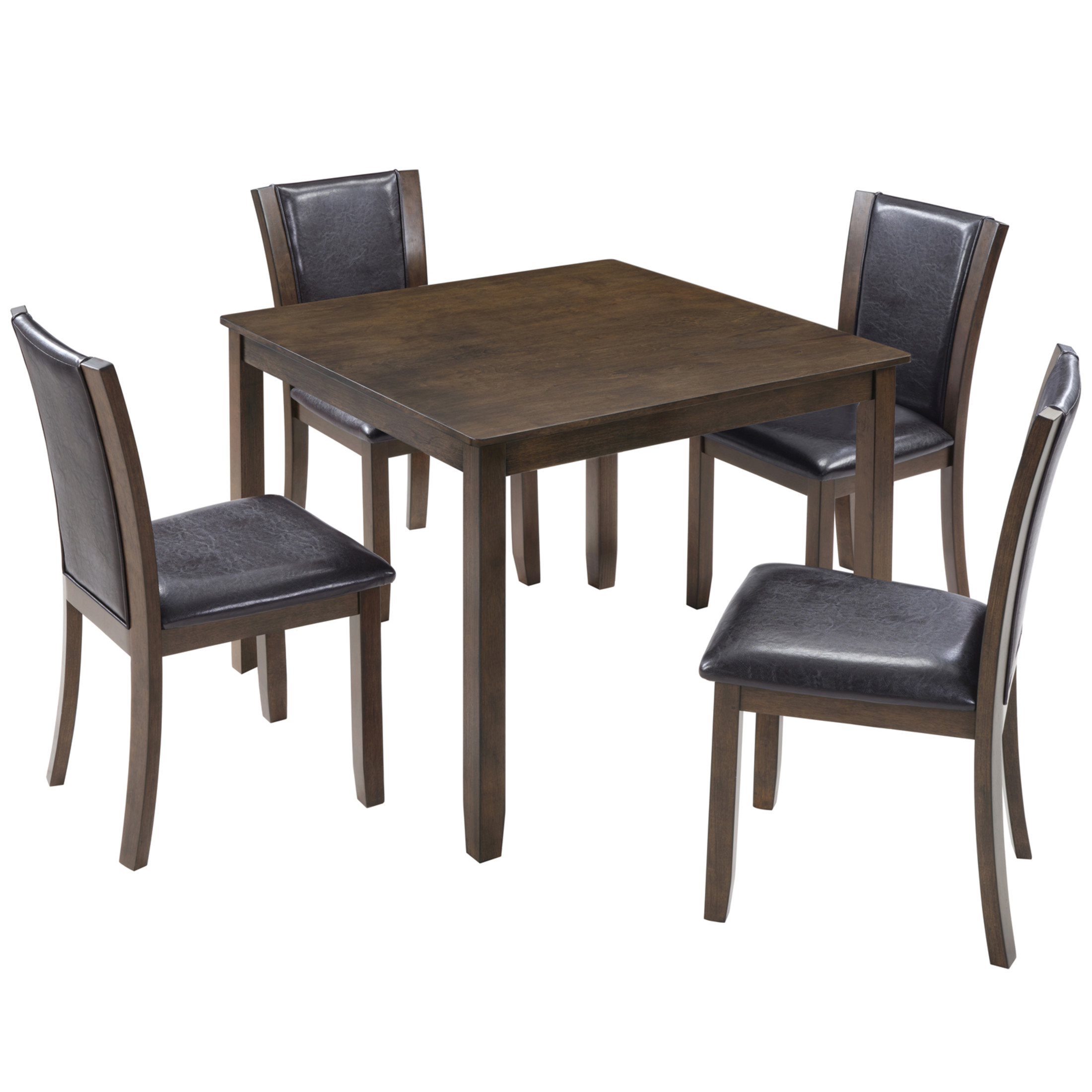 Noble House Farmhouse Dining Table Set for 4 with Leather Upholstered Chairs, Wood Frame, Dark Walnut