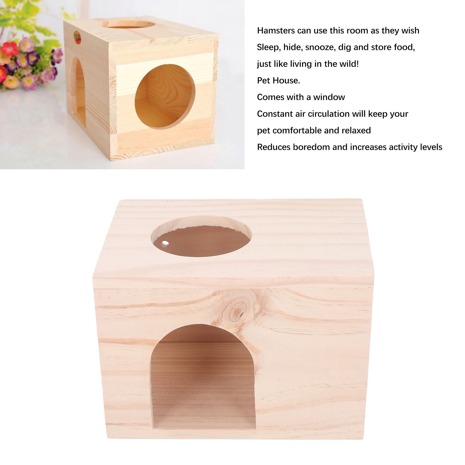 BIMZUC Small Animal Hideout House, Wooden Hamster Hideout, Tiny Hamster Wood House for Guinea Pigs Chinchillas, Ventilated Eco Friendly Rectangle Wood Cage (9.06 inches / 23 cm)