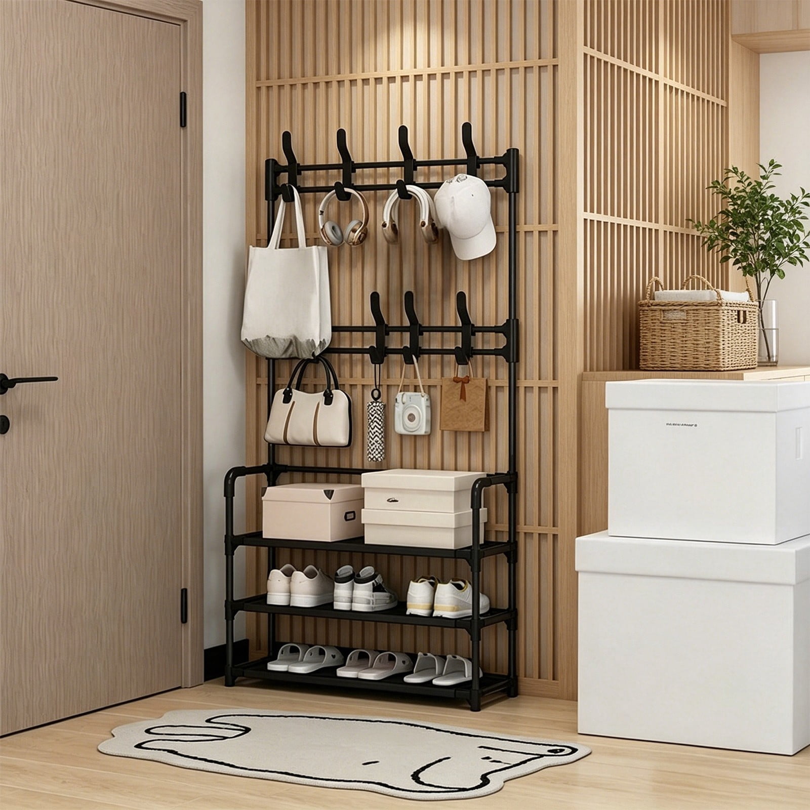 Shoe Rack 3 Tier Shoe Organizer Storage,Shoes Rack for Closet Entrance Shoe Rack Organizer with Hooks and Side Pocket Entryway Shoe Holder Space Saving Free Standing Shoe Racks
