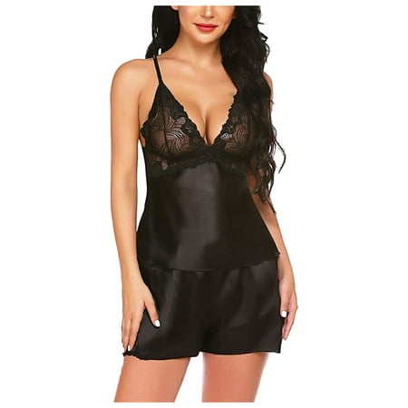 Yutnsbel Sexy Lingerie for Women Night  Black Women Sexy-Lingerie Sleepwear Satin Silk Babydoll Lace Up Nightwear Pajamas Set  Babydoll Dresses for Women Sexy