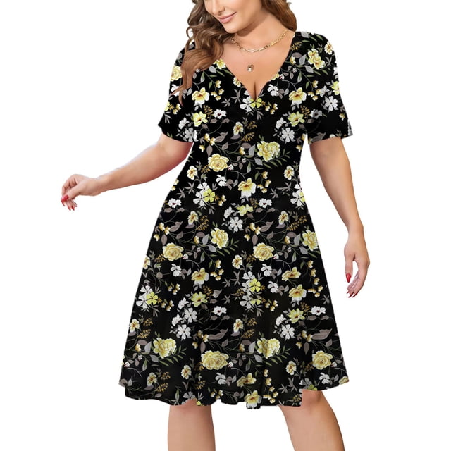 WaiiMak Femmes Été Tendance Décontracté Imprimé Col Rond Grande Taille Jupe à Manches Courtes Robe Midi