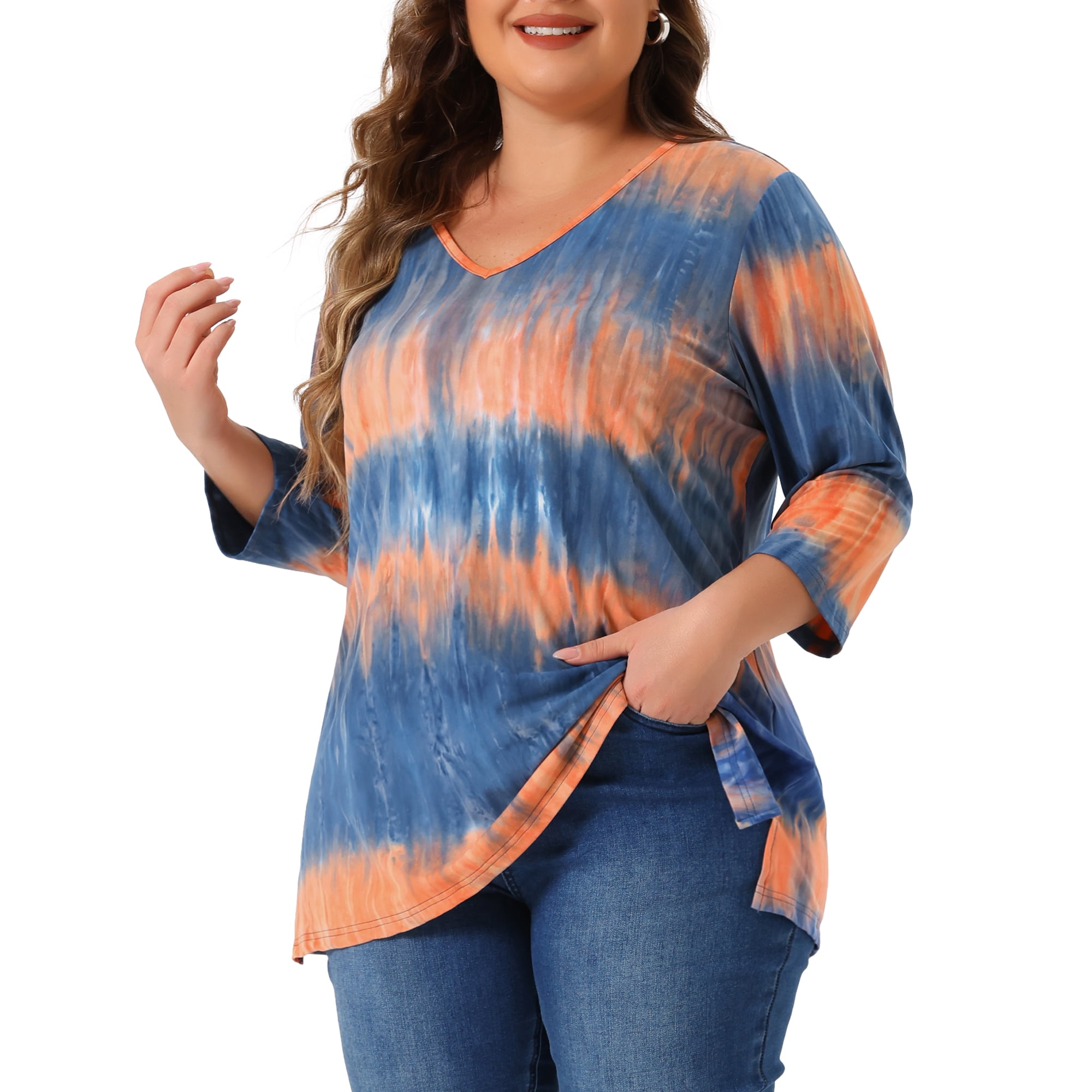 Unique Bargains Women's Plus Size V Neck 3/4 Sleeve Striped Tie Dye Blouse 2X Blue Orange