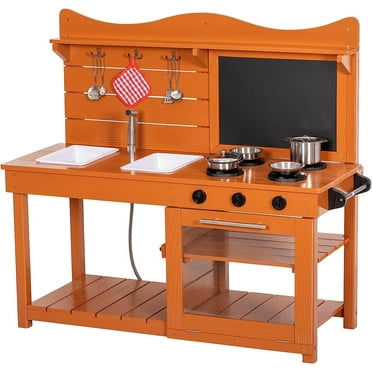 BRINJOY Kitchen Playset for Kids, Outdoor Wooden Mud Kitchen Set w/2 Removable Sinks & Spray Pipe, Backyard Garden Toddler Pretend Play Kitchen w/Blackboard, Kitchenware, Stove, Gift for Boys Girls