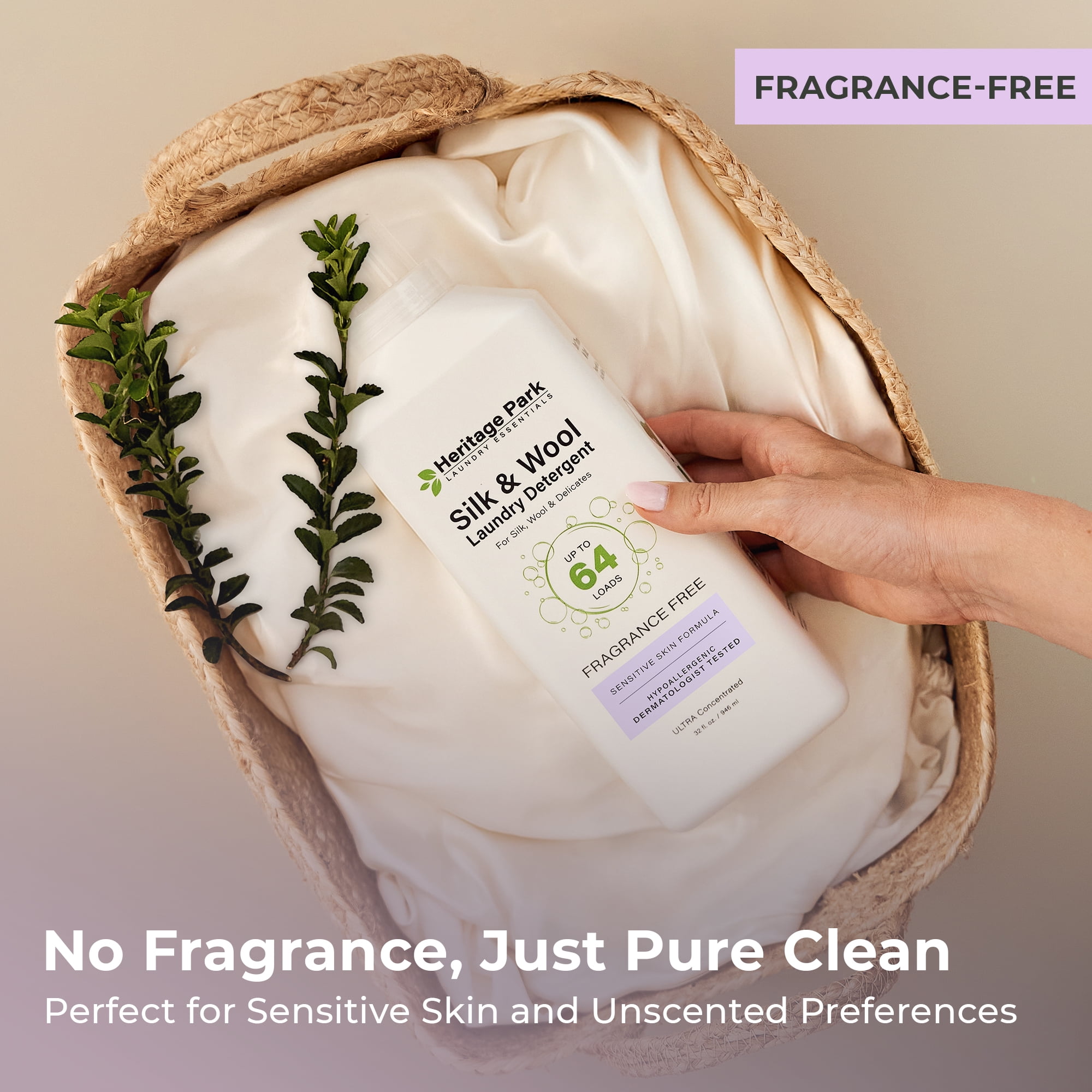 Heritage Park Silk & Wool Fragrance Free, Hypoallergenic, pH-Neutral Laundry Detergent - Dermatologist-tested, Sensitive Skin-Friendly, Enzyme-Free, Concentrated Up to 64 loads (32 fl oz)