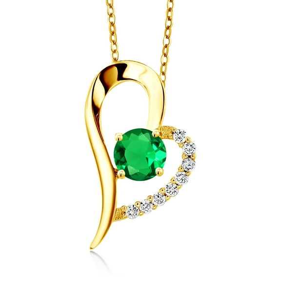 Gem Stone King 18K Yellow Gold Plated Silver Green Nano Emerald Heart Shape Pendant Necklace for Women (0.89 Cttw, Round 6MM, Gemstone May Birthstone, with 18 inch Chain)