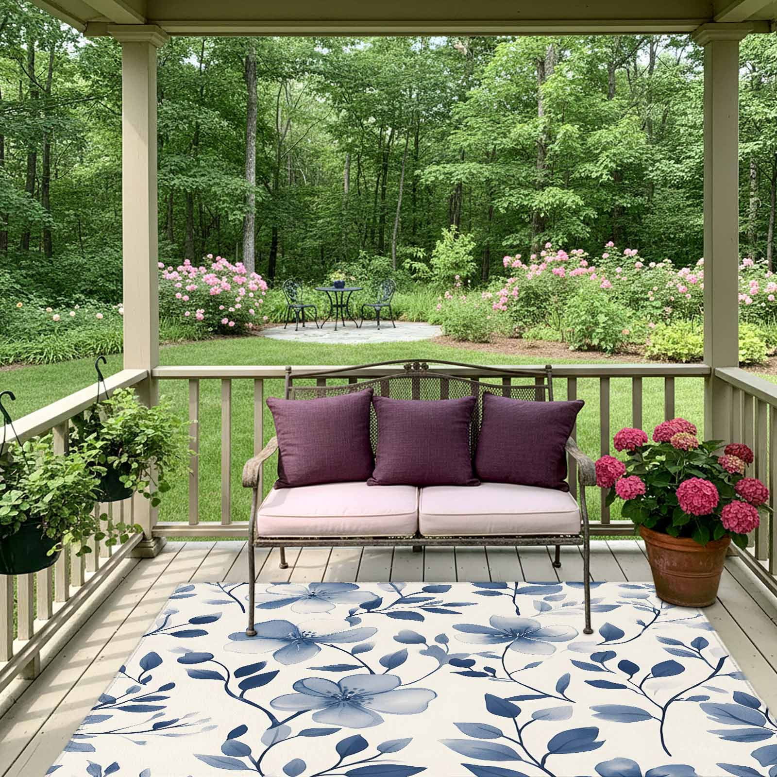 Outdoor Rug 5x8ft Ombre Blue Flowers Large Area Rug Leaf Plant Indoor Outdoor Carpet Outdoor Rugs Mats for Patio Camping,RV,Front Door, Outside Decor