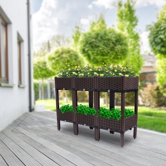 Square Raised Garden Bed, 2 2 Elevated Garden Planter Box Set, Sturdy Plastic Construction for Backyard Patio Balcony, Home Gardening Vegetable Grow Bed