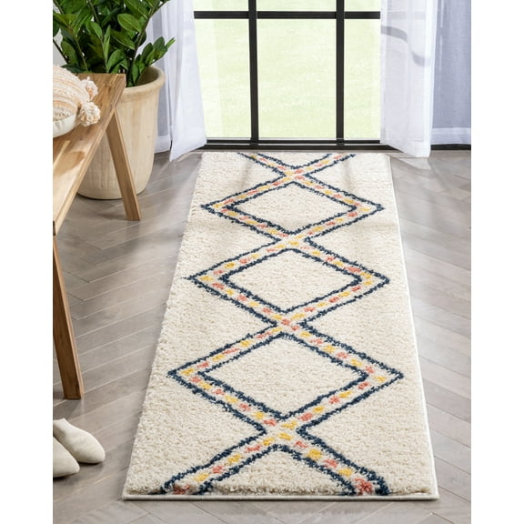 Well Woven Bolea Ivory Multi Diamond Geometric Retro Shag Runner Rug 2x7 (2'3" x 7'3")
