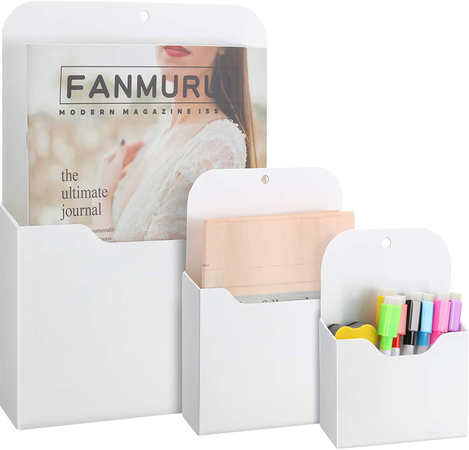 WSNIJFU 3 Pack Magnetic File Holder, Large Size Refrigerator Magnetic Holder for Pen, Paper, Markers, Notebooks, Letter, Good for Class Whiteboard, Office, Refrigerator, Locker L, M and S (White)