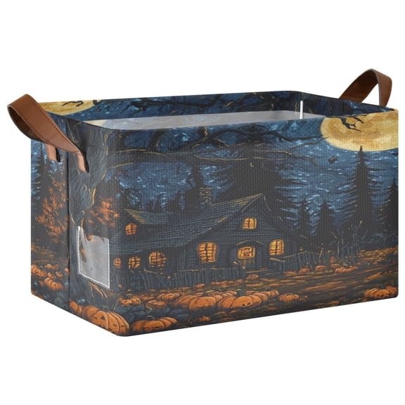 Halloween Decorated Cabin Storage Basket Soccer Plaid Fabric Hoard Box Oversized Collapsible Closet Organizer with Metal Iron Frame 16.9×11.4×10in