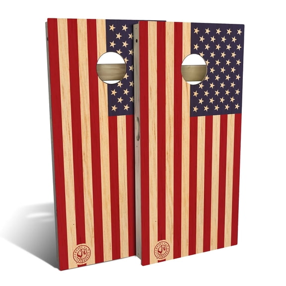 Skip's Garage | Butternut Wood American Flag Backyard 2x4 Cornhole Board Set (24" x 48") | Includes (8) Bags Various Accessory Options