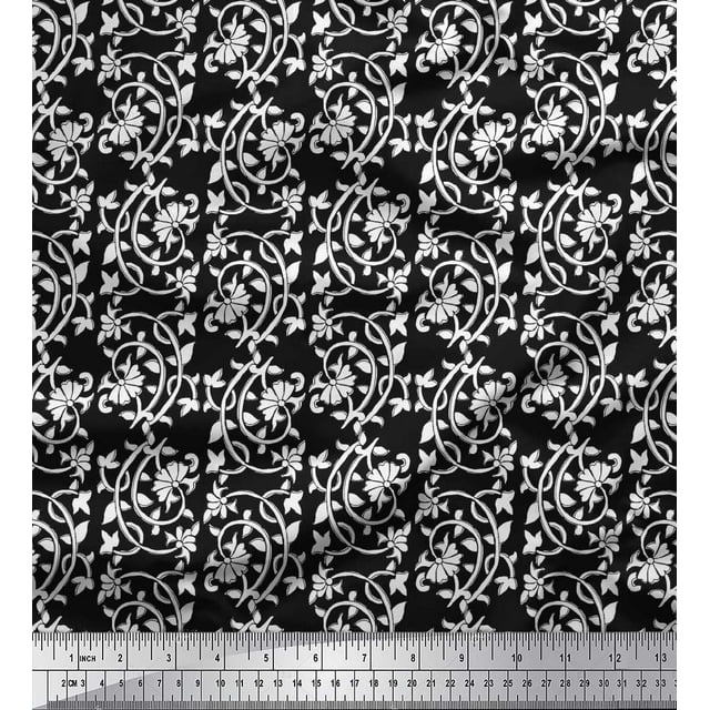 Soimoi Poly Georgette Fabric Leaves & Floral Block Printed Fabric 1 Yard 52 Inch Wide