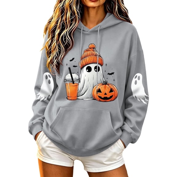 Vixolx Womens Halloween Hoodies Ghost Graphic Long Sleeve Pullover with Pocket Loose Hooded Drawstring Sweatshirt Fall Winter Tops