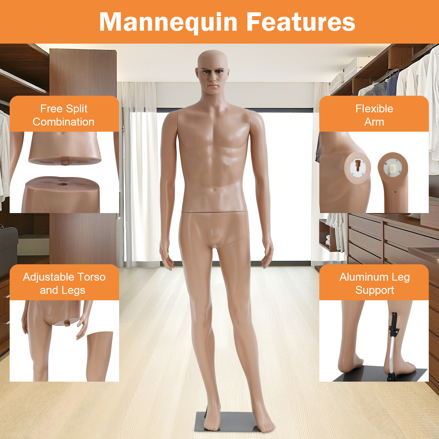NiamVelo 73 Inch Male Mannequin Torso Full Body Manikin Dress Form Mannequin Stand Adjustable Mannequin Model Display with Metal Base