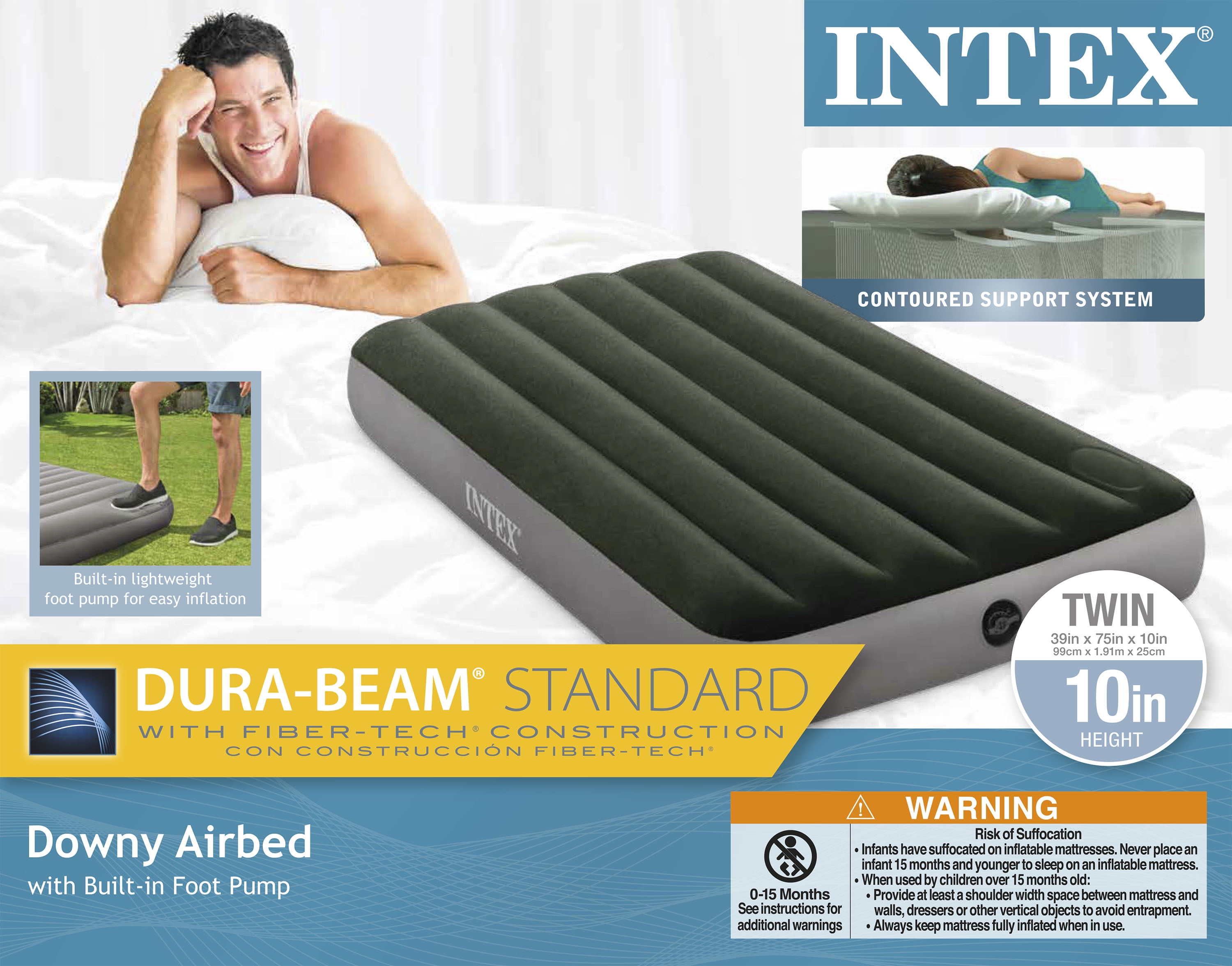 Надувной матрас intex full dura beam downy airbed with built in foot pump 64762