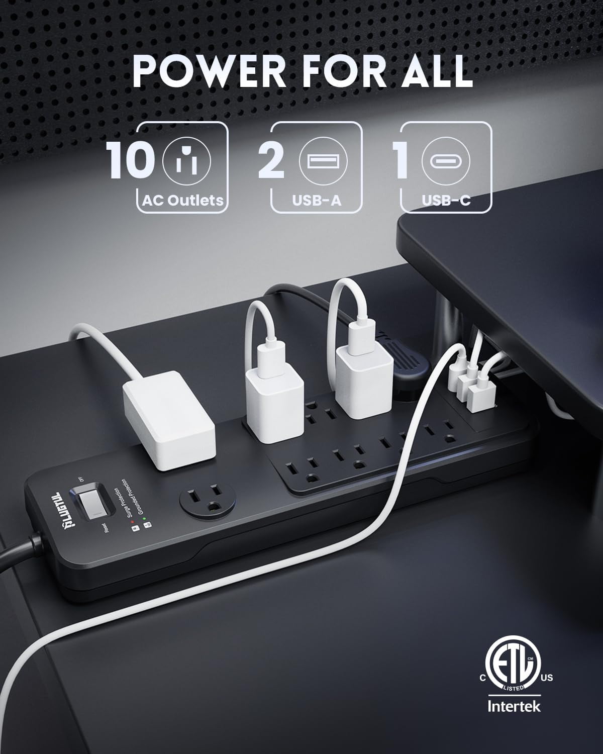 Surge Protector Power Strip 10FT, PLUGTUL with 10 Outlets - Spacious Design for Large Plugs, Flat Plug, 20W USB C Charging Home, Office, ETL Listed，2040J