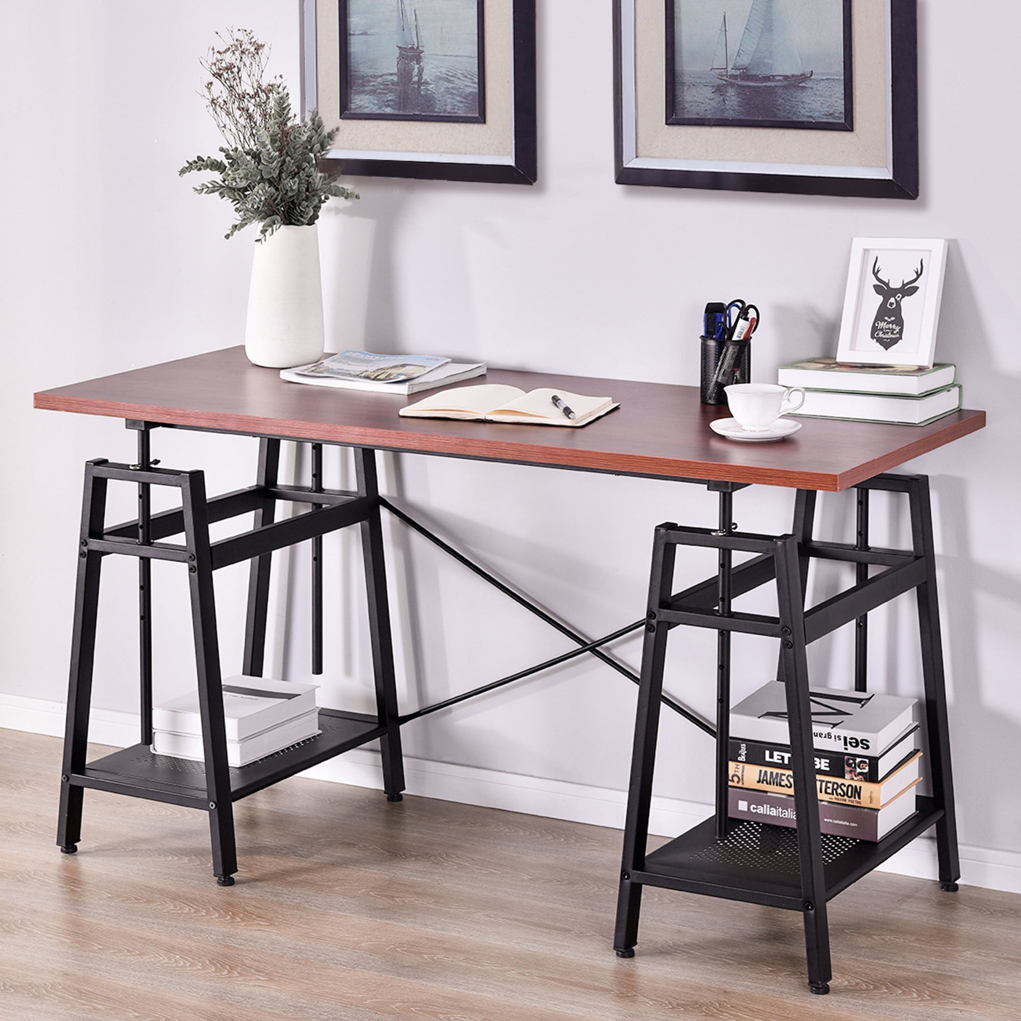 Merax Contemporary Wood Computer Desk With Metal Legs Brown