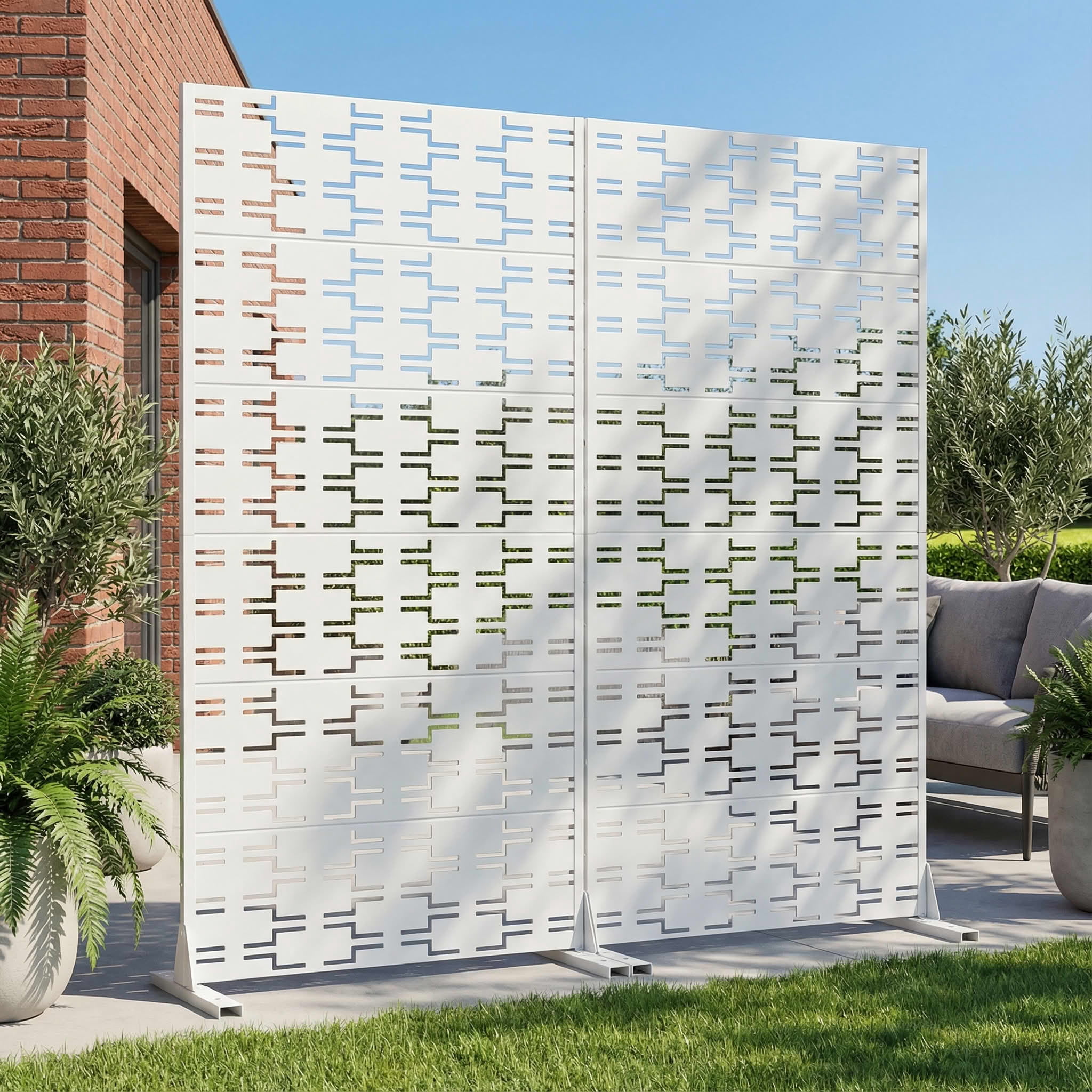 MAYEERTY 2-Piece Outdoor Metal Privacy Screen 6ft × 3ft White, 6-Panel Brick Pattern Decorative Screen for Garden