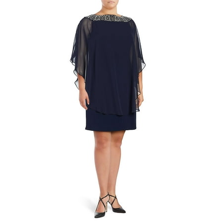 Plus Beaded Chiffon Capelet Shift Dress