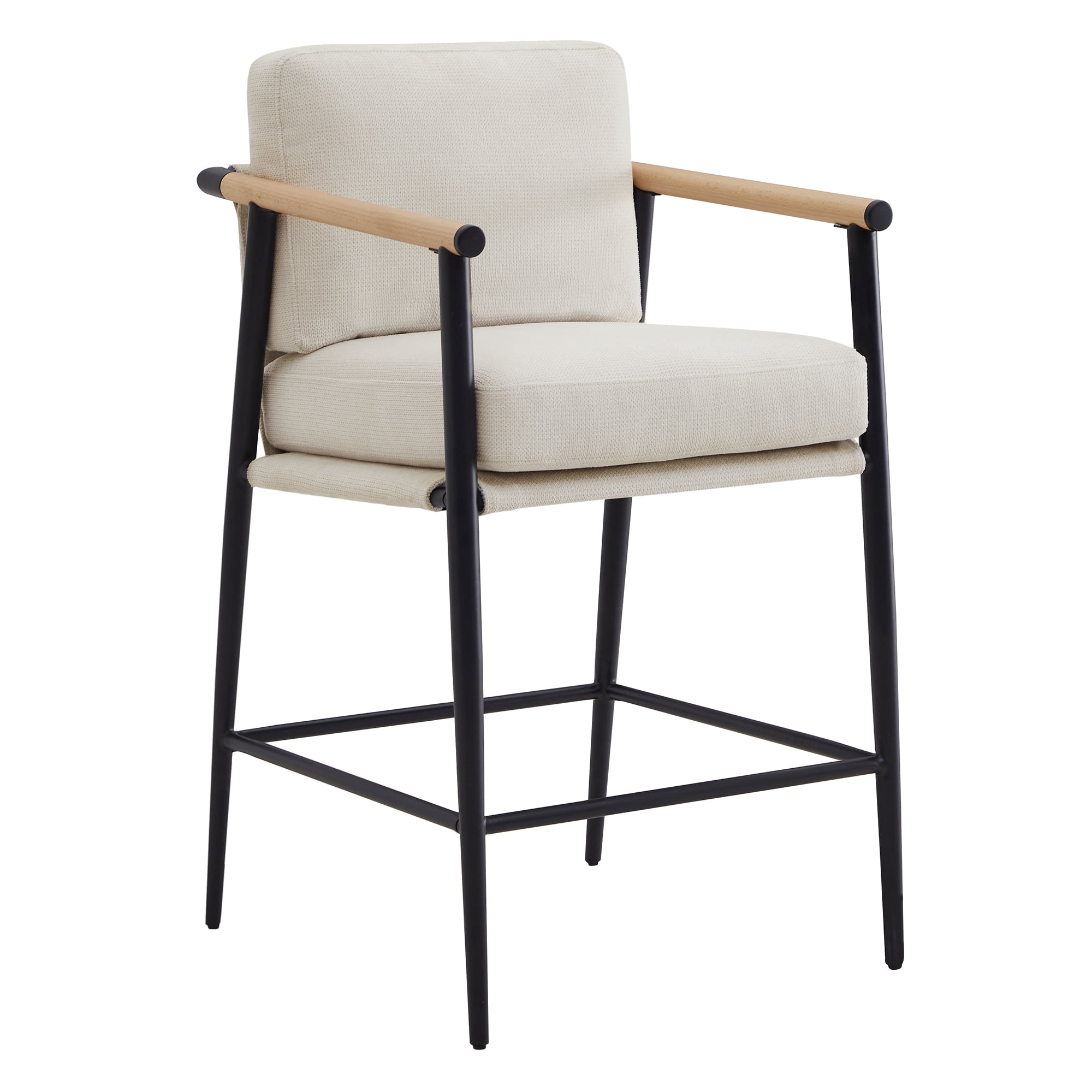 CHITA Modern Counter Stools Set of 2, Upholstered Bar Stools with Metal Frame and Wooden Armrests, Fabric in Beige