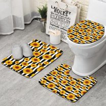 Black White Stripe Sunflower Pattern Bathroom Rugs Sets 3 Piece,Toilet Cover Set,Absorbent Non Slip Bathroom Mats Sets with U-Shaped Contour Rug Toilet Rug Set