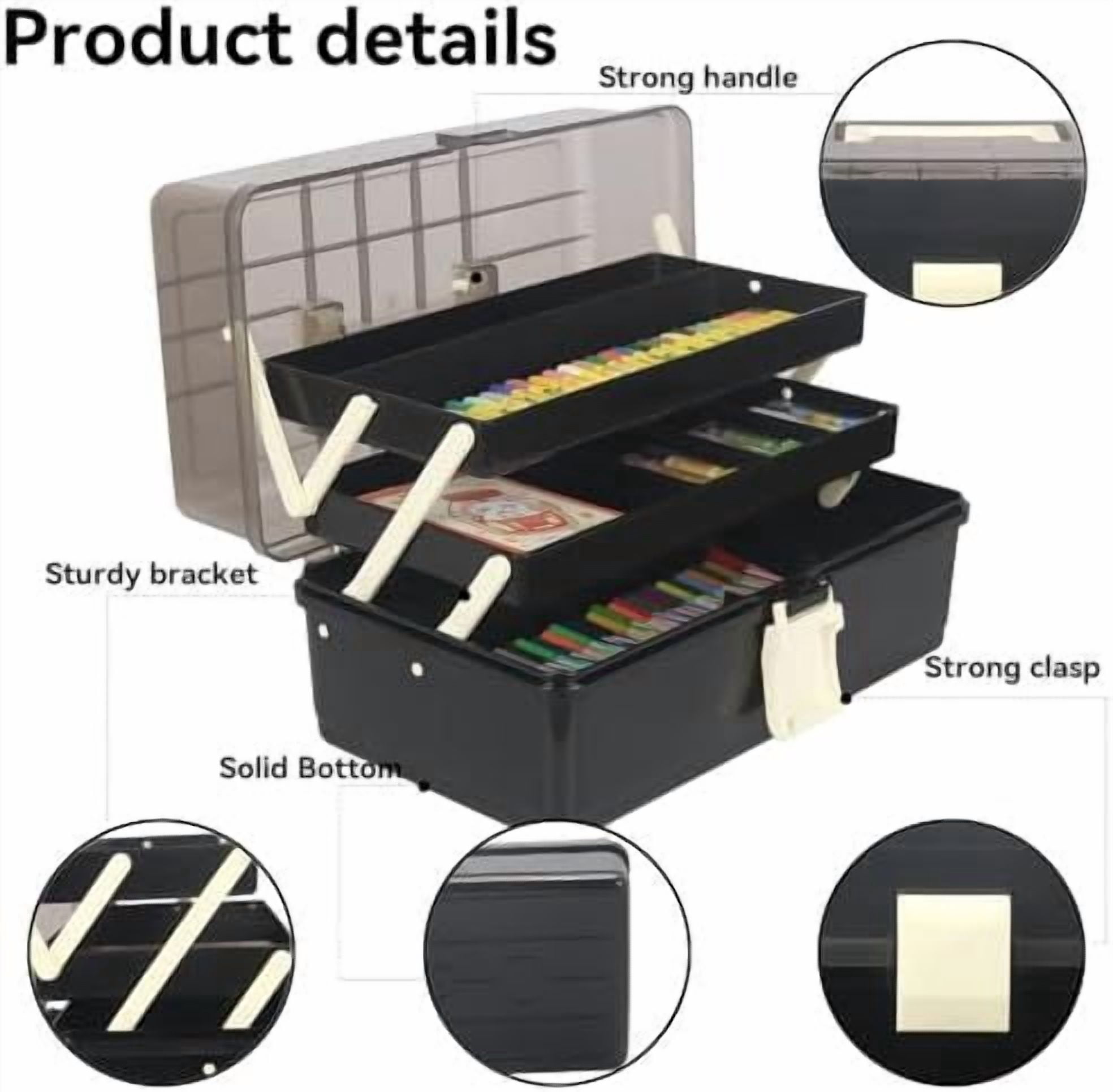 13-Inch Art Storage Box 3-Layers Plastic Storage Box with Handle Craft Art Bin Portable for Home School Office Travel, Black