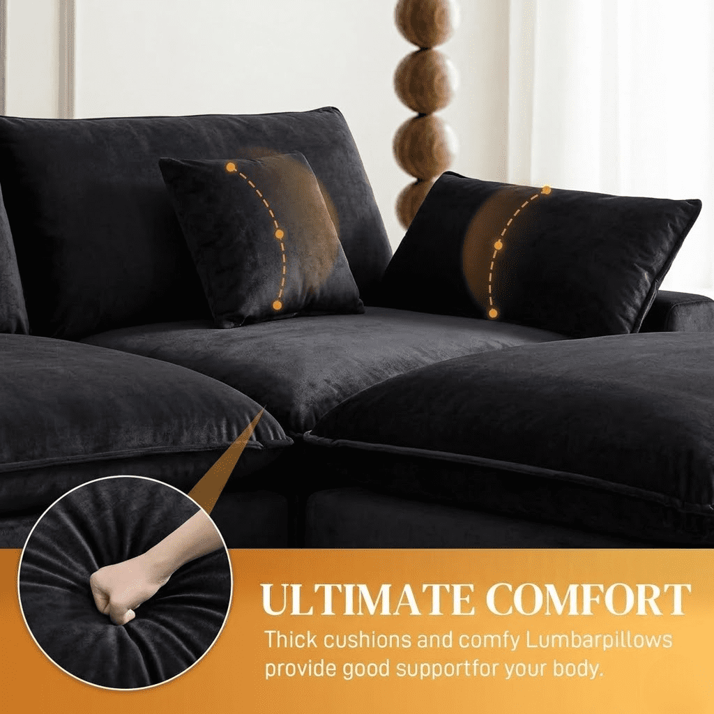 145" U Shaped Cloud Couch Sectional Sofa, Modular Chenille Sectional with Double Chaise, USB Charging, Hidden Storage & Center Console, Deep Seat Comfy Couch for Living Room, Black