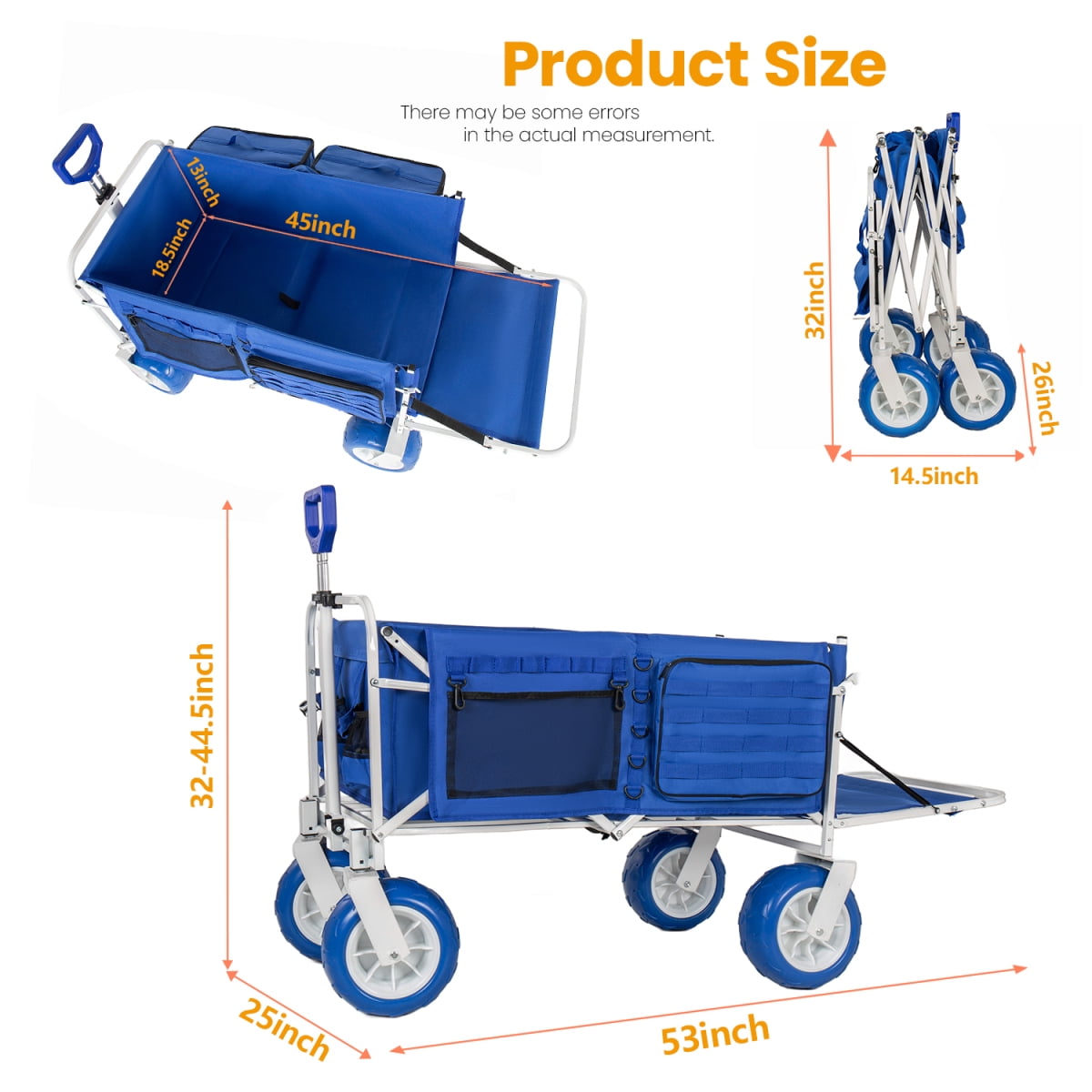 LuckyNote Beach Wagon Cart with Opened Tailgate and 9" All-Terrain Wheels, 500lbs Heavy Duty Collapsible Folding Wagon, Cooler & Storage Bags, Extendable for Kayak, Blue