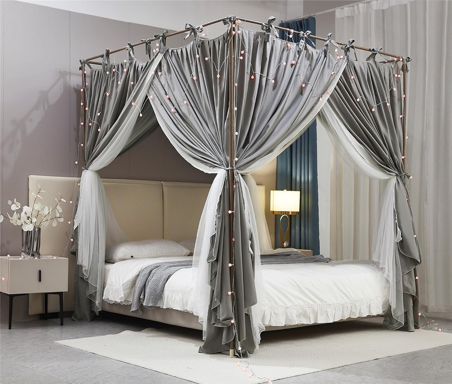 4 Corners Post Princess Curtain Bed Canopy Double Layer Cozy Mosquito Net Mesh and Cloth for Girls Adults Bedroom Decoration (Double-Grey/White, 53" W*78" L*82"*H/(Full))