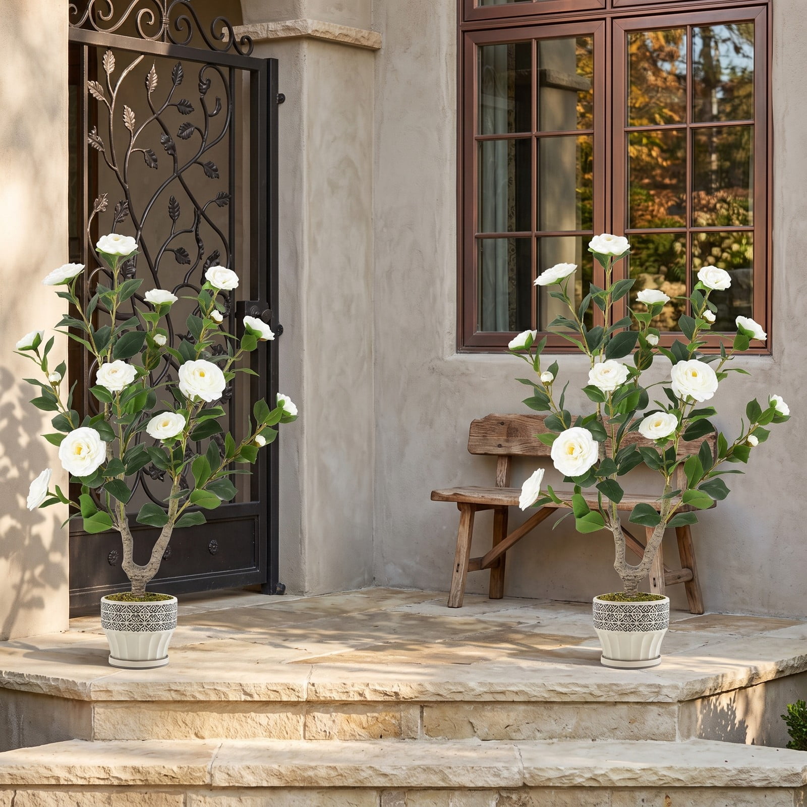 ALPULON 36 Inch Artificial Camellia Tree with Blooming Flowers, Set of 2 Faux Potted Camellia Plants with Cement-Filled Pots for Home Office Wedding Front Door, White