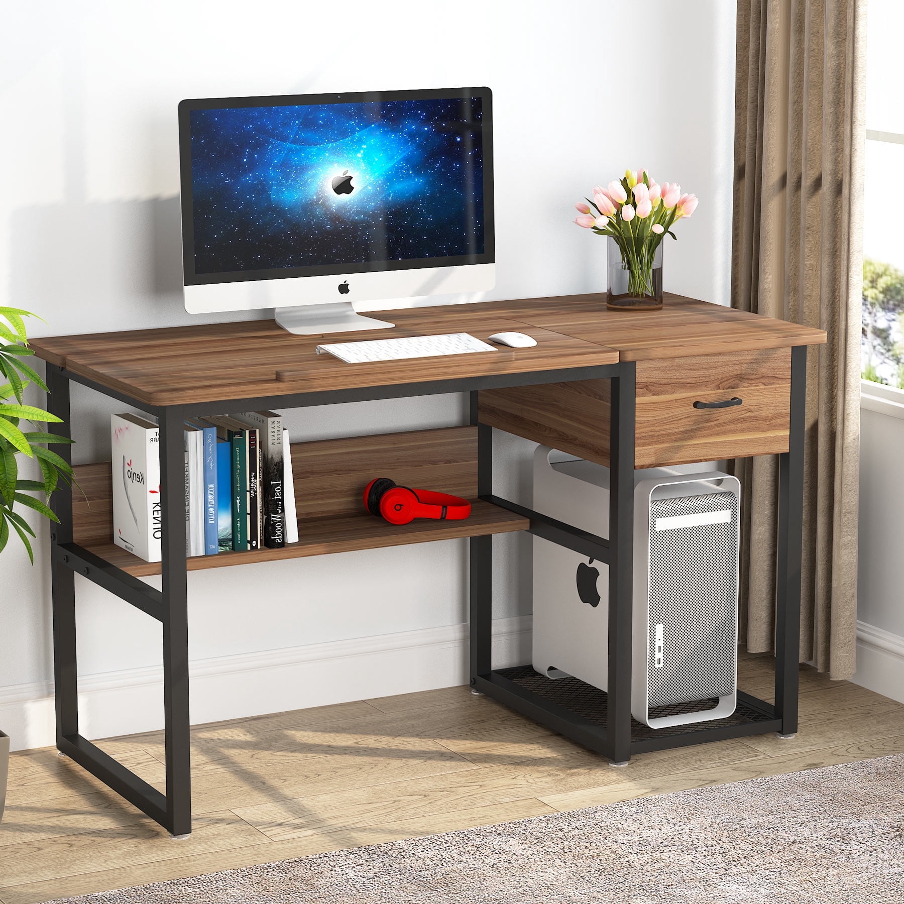 Tribesigns Drawing Computer Desk with Tiltable Tabletop, Painting Drafting Desk Workstation with Storage Shelves and Drawer for Students, Home Office