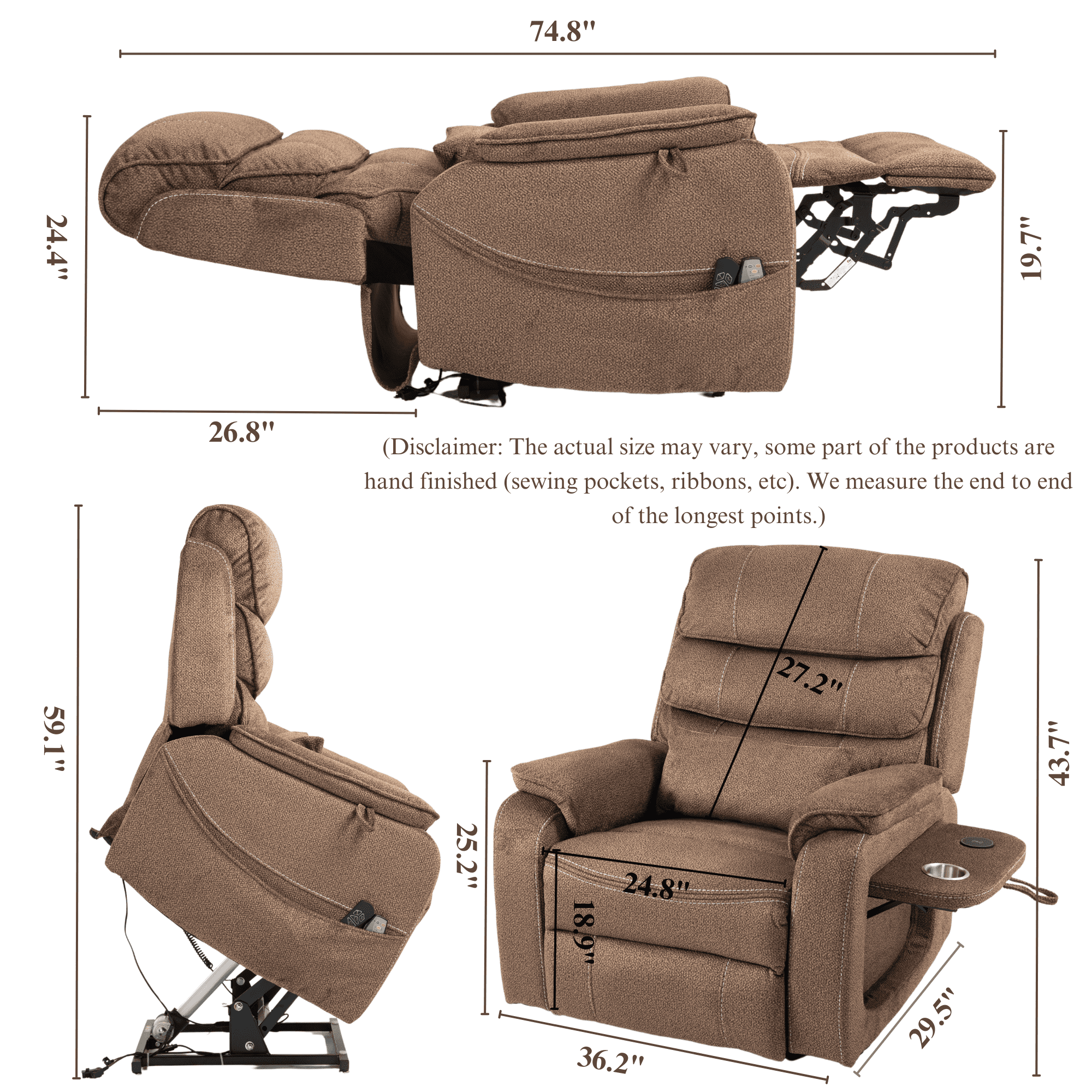 JUUXO Power Lift Recliner Chair for Elderly Adults Wide Recliner Chair with Wireless Charger, Cup Holder, and Lumbar Pillow - Chenille Brown