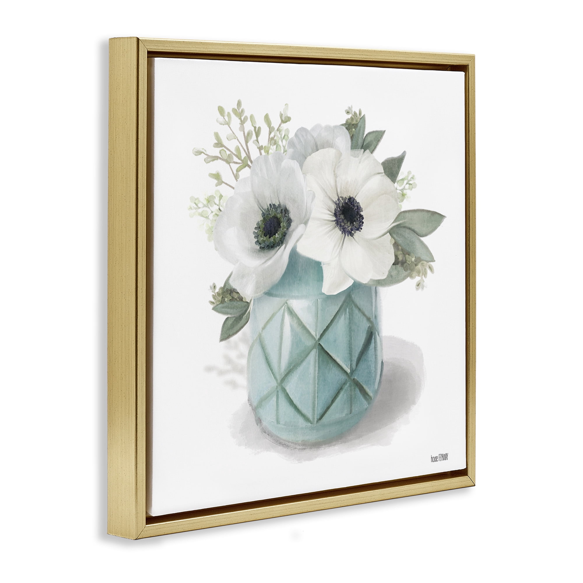 Stupell Industries White Flowers in Turquoise Vase Botanical & Floral Painting Gold Floater Framed Canvas Art Print Wall Art, 25 x 25