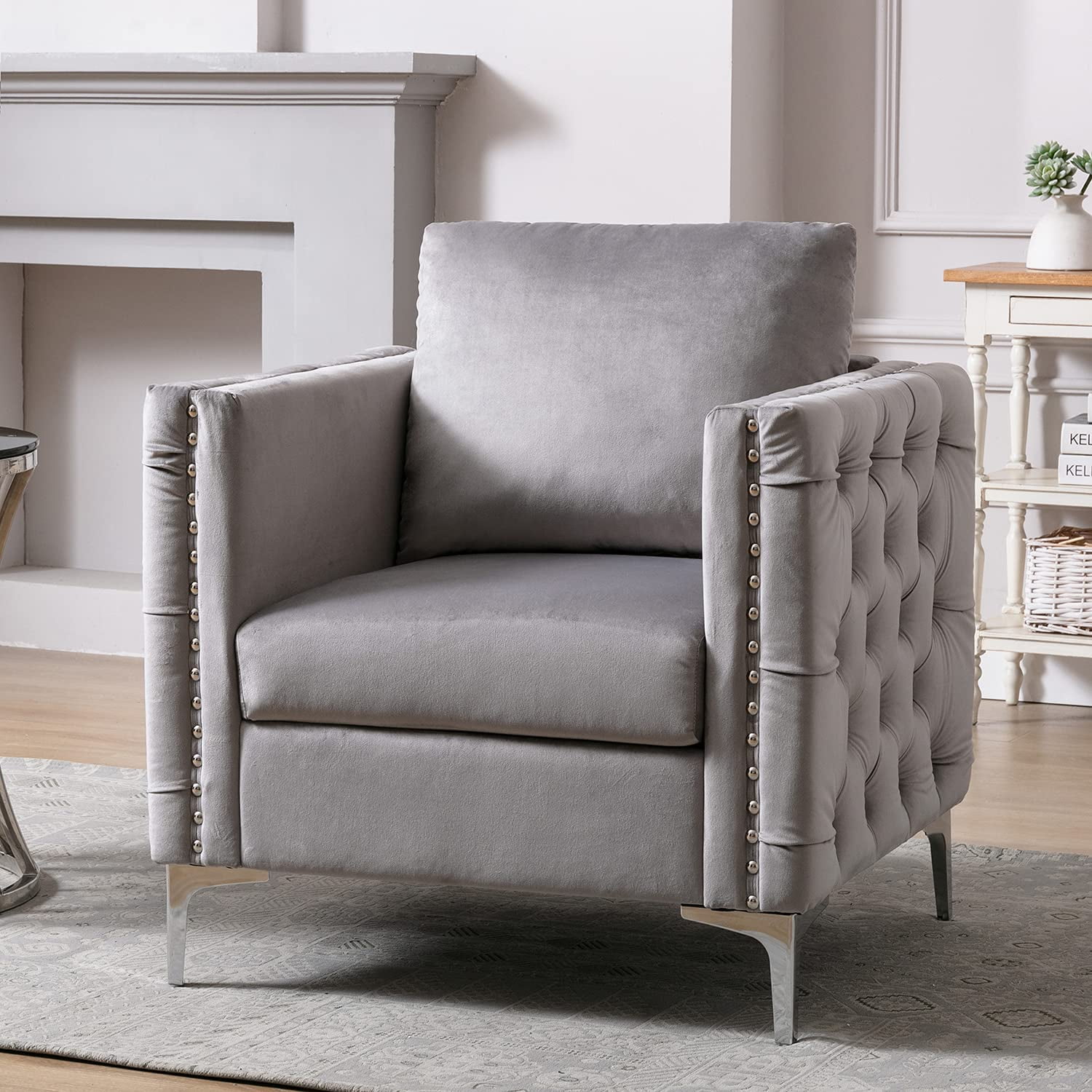 Living Room Accent Chair With Silver Legs Comfy Grey Velvet