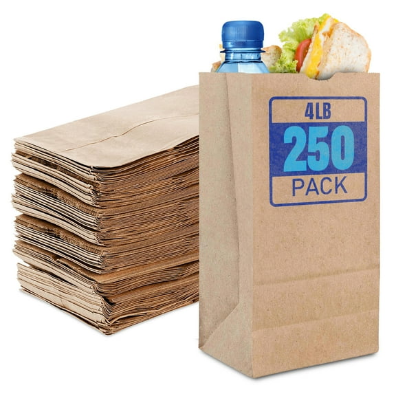 Stock Your Home 4 Lb Kraft Brown Paper Lunch Bags (250 Count) - Bulk Disposable Lunch Sacks, Small Size Blank Bag for Kids, Good for a Snack, Sandwich, Grocery Food, and Arts & Crafts Projects