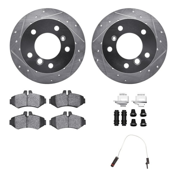 Dynamic Friction Company Rear Brake Rotors Drilled and Slotted Silver with Heavy Duty Brake Pads includes Sensor and Hardware - 7222-63193