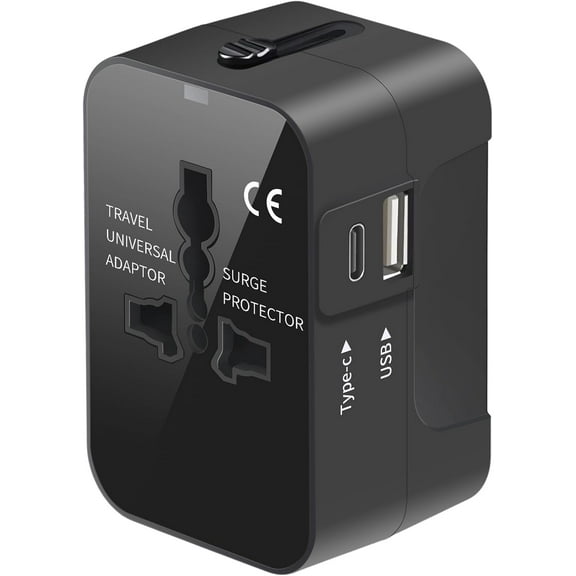 Travel Adapter, Worldwide All in One Universal Travel Adaptor AC Power Plug Adapter Wall Charger with USB-C and USB-A Charging Ports for USA EU UK AUS Black