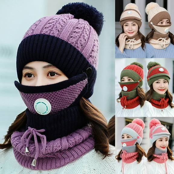 Dengjunhu 4Pcs/Set Fleece Lined Winter Hats for Women Knit Beanie Hat Scarf Mask Gloves Set Warm Soft Slouchy Skull Cap with Pompom