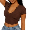 thumbnail image 5 of Staron Women's Crop Top Notched V-Neck Short Sleeve Slim Fit Ribbed Knit Casual Solid Color Tee for Streetwear Brunch Festival, Brown XXL, 5 of 5